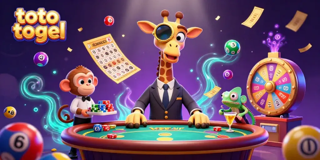 Engage with toto togel as colorful lottery balls bounce around a high-roller giraffe at a dynamic casino scene.