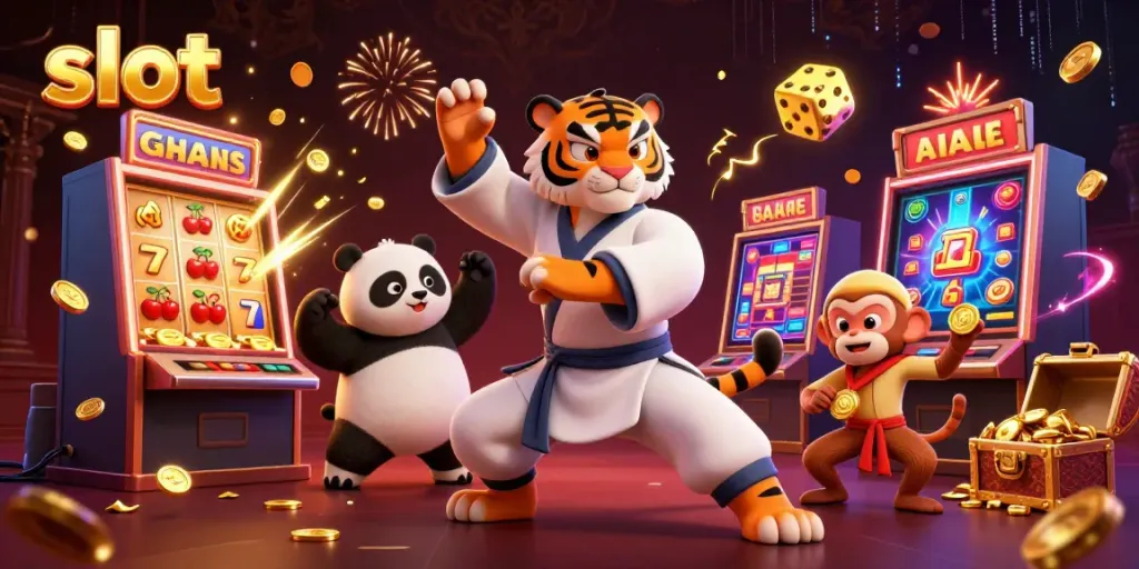 Experience thrilling slots at a vibrant casino with kung fu tiger, panda, and monkey amid gold coins.