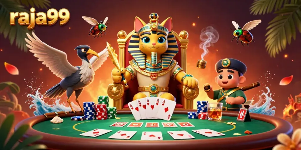 Engage in thrilling gameplay with raja99 at a vibrant casino scene featuring a royal feline.