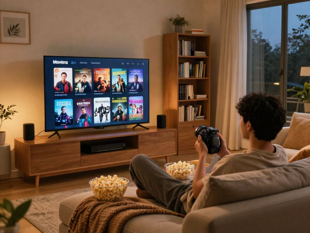 Enjoying a movie night at home with the Moviebox app interface featured on the TV screen and cozy ambiance.