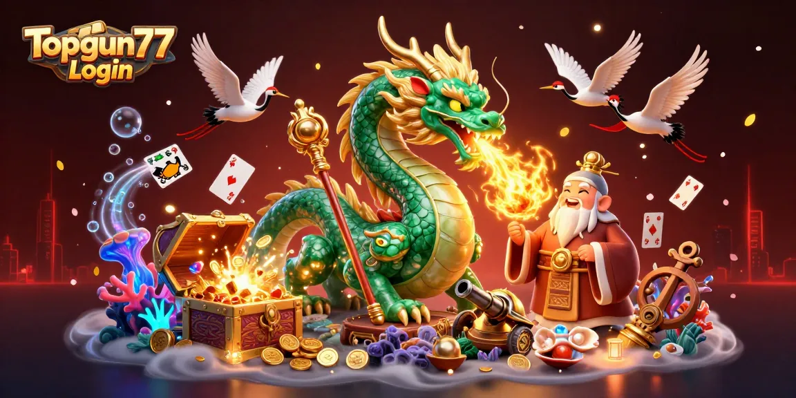 Memutar Topgun77 Login di mesin slot online dengan karakter naga, kura-kura, dan bangau yang keberuntungan.