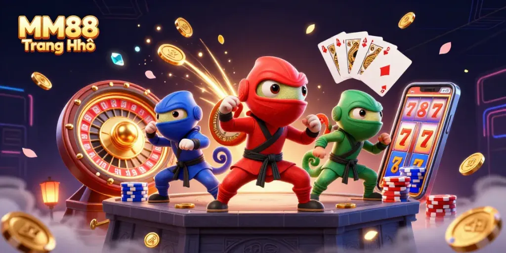 Experience the excitement of MM88 Trang Chủ with vibrant characters and thrilling casino elements in a dynamic 3D scene.