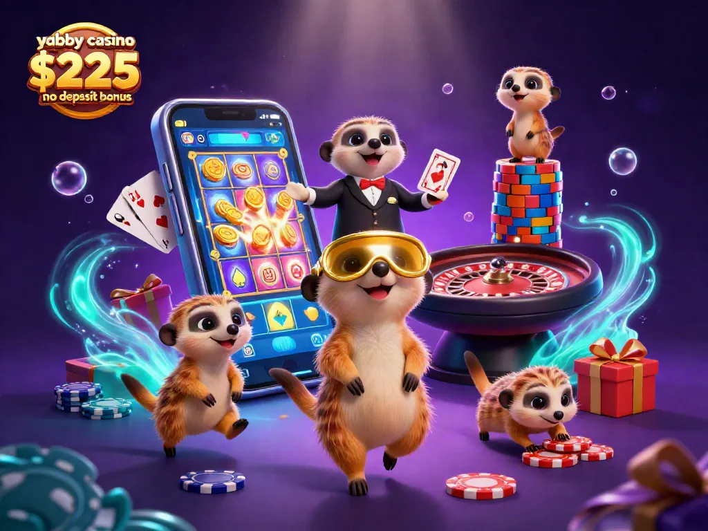 Engage in thrilling gameplay with the yabby casino $225 no deposit bonus, featuring lively meerkats in a vibrant casino scene.