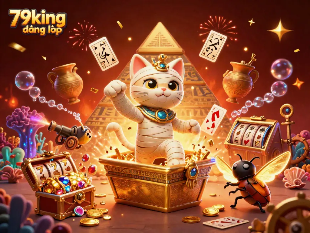 Experience the thrill of 79king đăng nhập with a vibrant 3D casino scene featuring an Egyptian mummy cat and gold treasures.