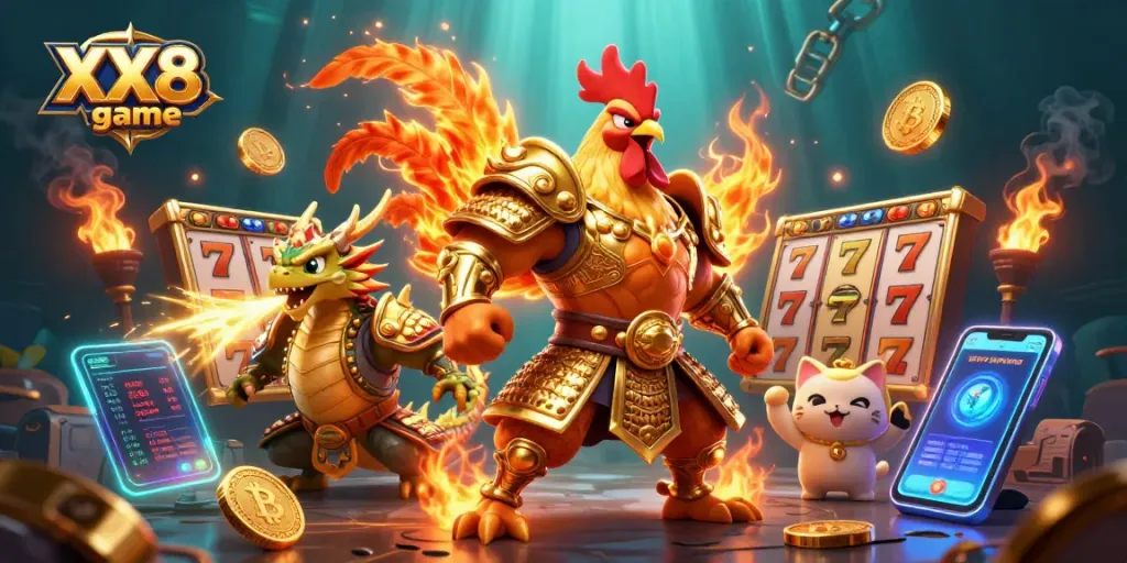 Engage with the thrilling XX8 game featuring unique rooster and dragon characters amidst vibrant casino elements.