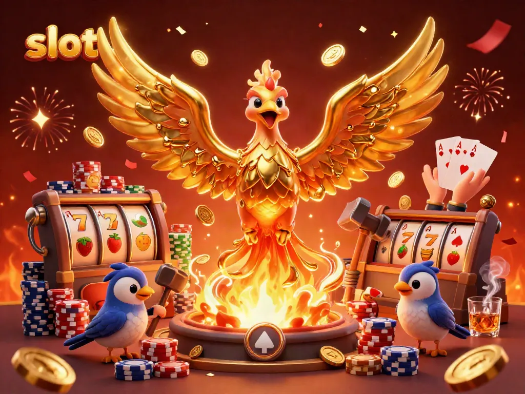 Experience the thrill of playing slots with golden phoenix and vibrant symbols in a dynamic casino scene.