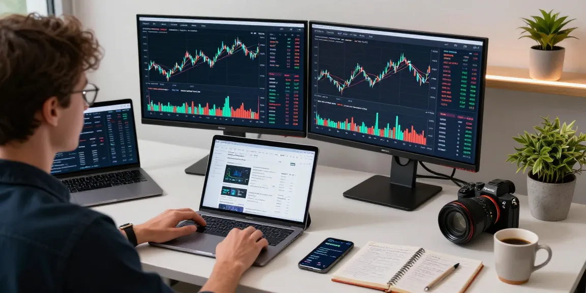 XXKK Exchange trading setup with crypto charts, digital wallet, and DeFi dashboards in a vibrant co-working space.