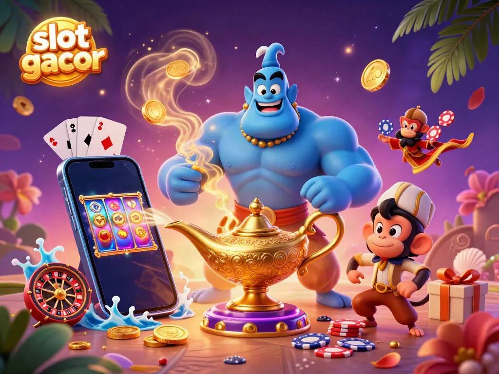 Engage with exciting slot gacor experience featuring a genie, magic carpet, and vibrant casino symbols.