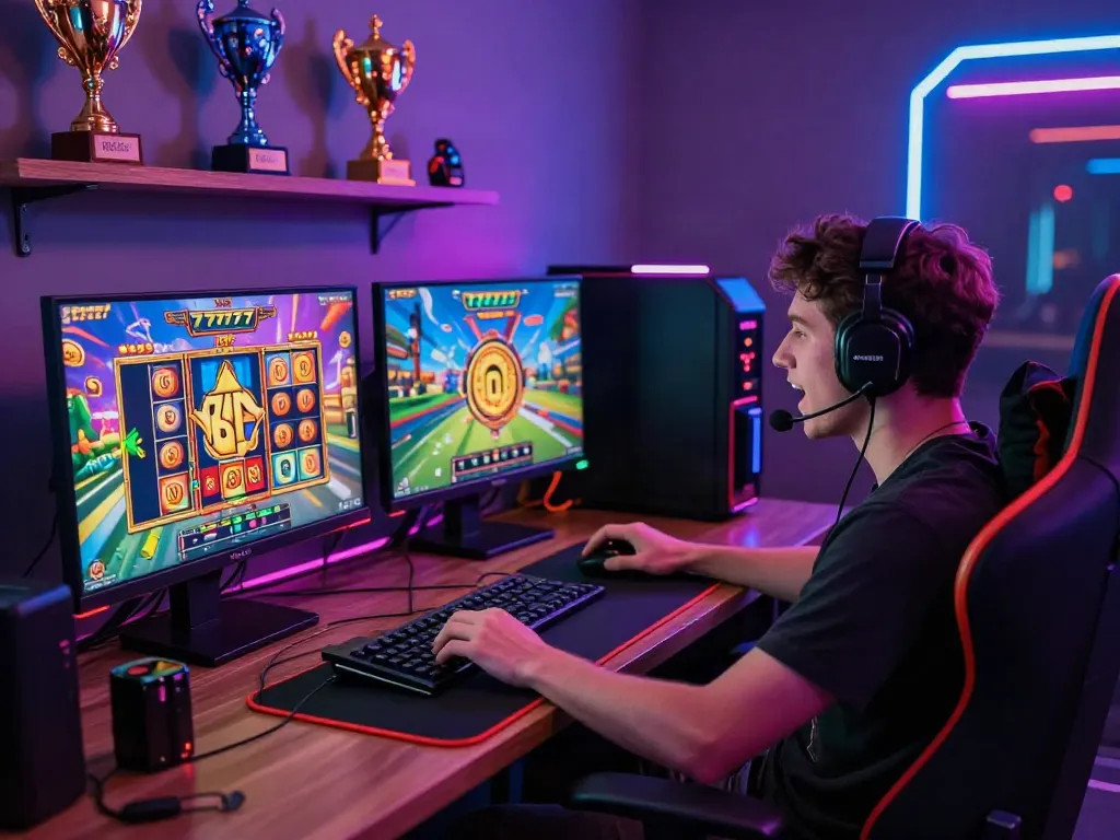 Seorang pemain terlibat dalam permainan slot777 online dengan antusiasme tinggi, dikelilingi oleh aksesori gaming yang berwarna-warni.