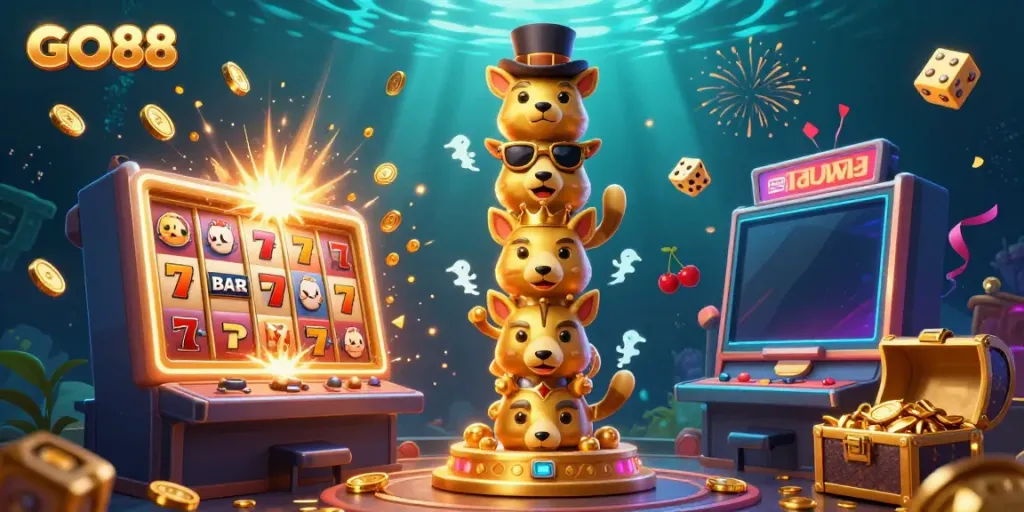 Engage with GO88's immersive gaming experience featuring a golden totem pole and slot machine overflowing with rewards.
