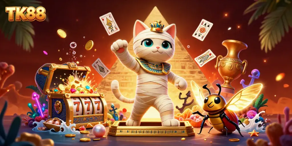 Experience thrilling gameplay with TK88's cartoon Egyptian mummy cat in a vibrant casino scene.