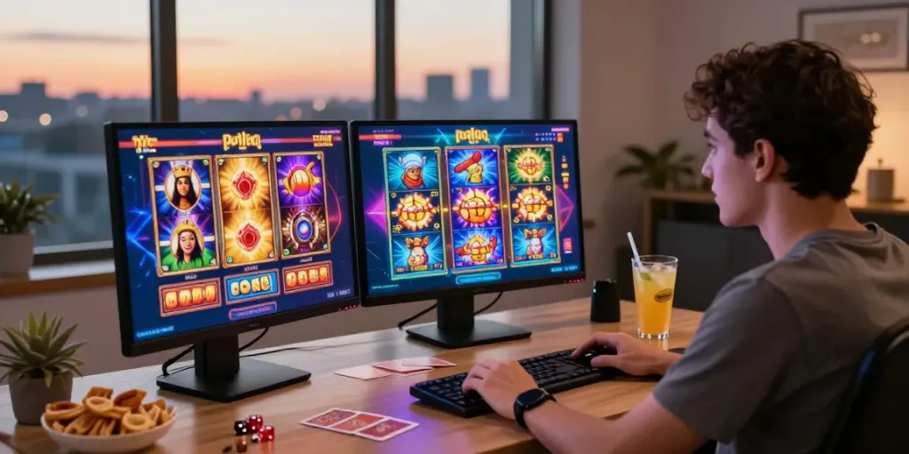 Engaging user playing slot gacor maxwin games on computer with colorful graphics and snacks.