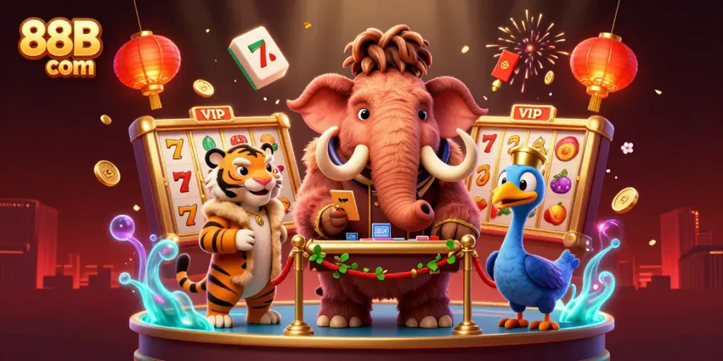 Engage with 88B com in a casino scene featuring a woolly mammoth checking IDs, vibrant game elements, and a saber-tooth tiger