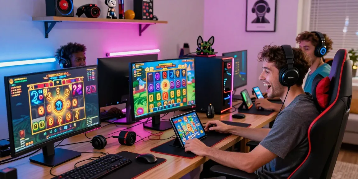 Engaged players experiencing vibrant online slots on devices at https://www.fridacamden.co.uk/ with modern gaming setup.
