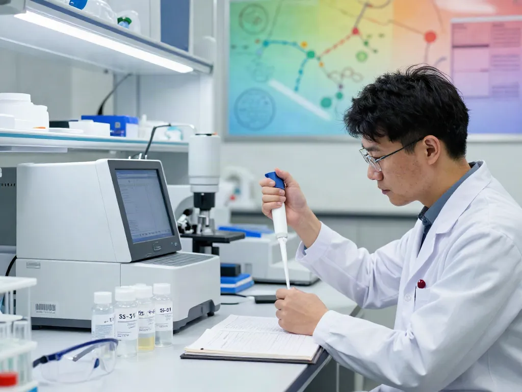 Scientist measuring ss-31 peptide solution in a high-tech laboratory.