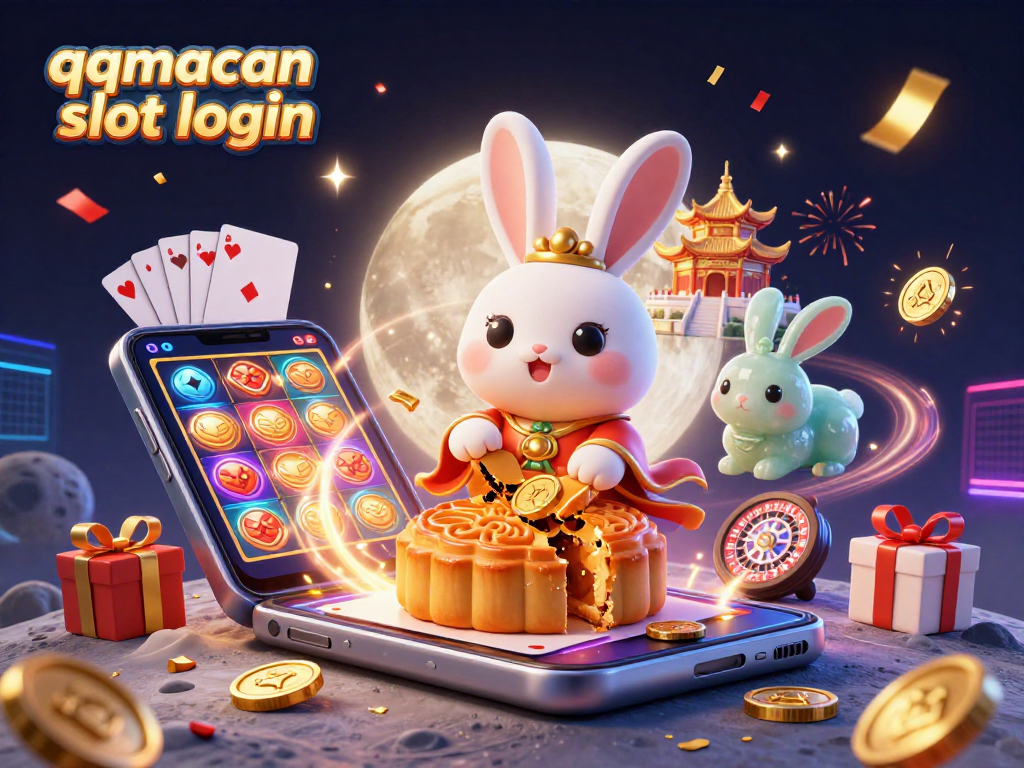Experience qqmacan slot login with vibrant 3D illustration showcasing lucky moon rabbit and casino elements.