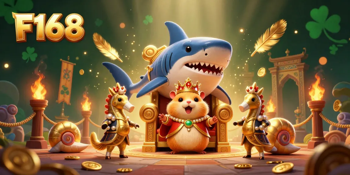 Engage with F168's online casino offerings featuring a dynamic illustrated scene of vibrant games.