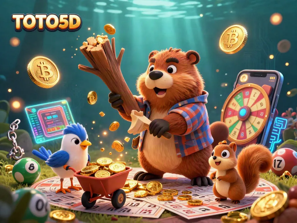 Engage with TOTO5D's vibrant lottery scene featuring a beaver, bird, and squirrel amidst gold coins and lottery elements.
