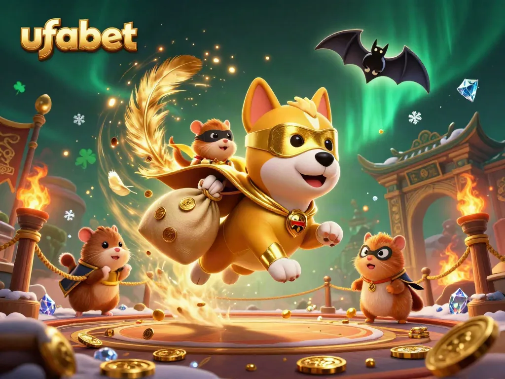 การแสดงของ ufabet ในรูปแบบภาพ 3D แสดงให้เห็นสุนัขซูเปอร์ฮีโร่ตัวการ์ตูนในชุดคลุมทอง