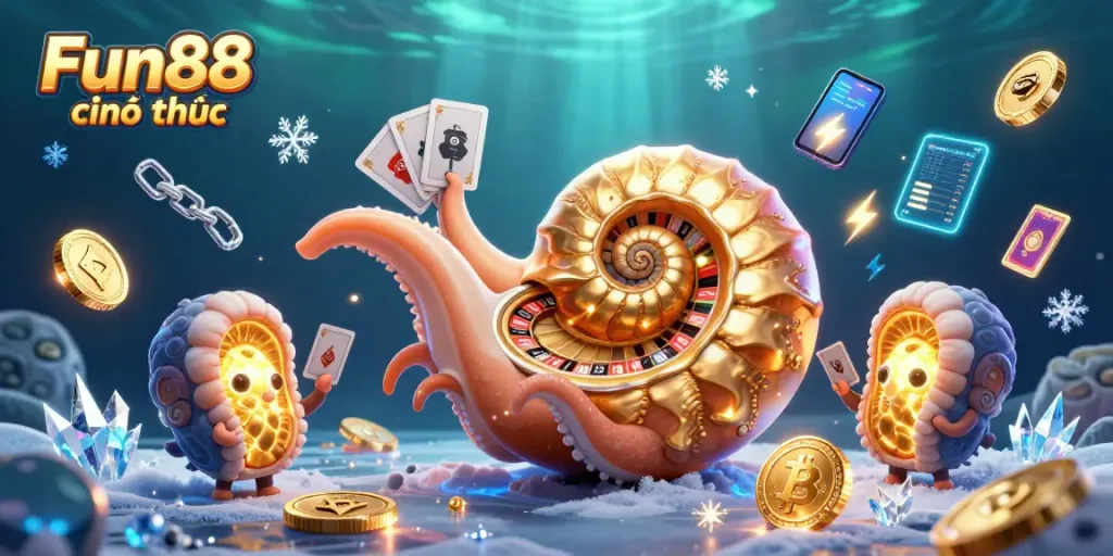 Engage with Fun88 chính thức in a vivid 3D scene of casino elements and crypto-themed icons.