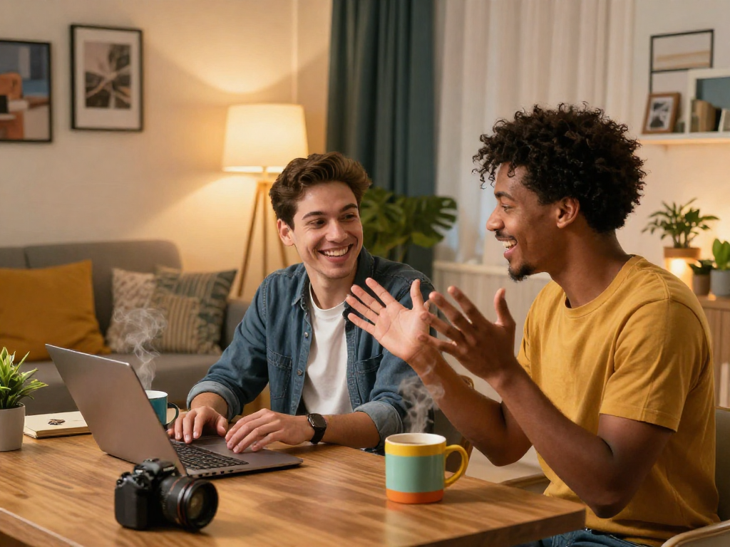 Exciting random chat scene with two people connecting through video in cozy home settings, showcasing genuine interaction and warm atmosphere.