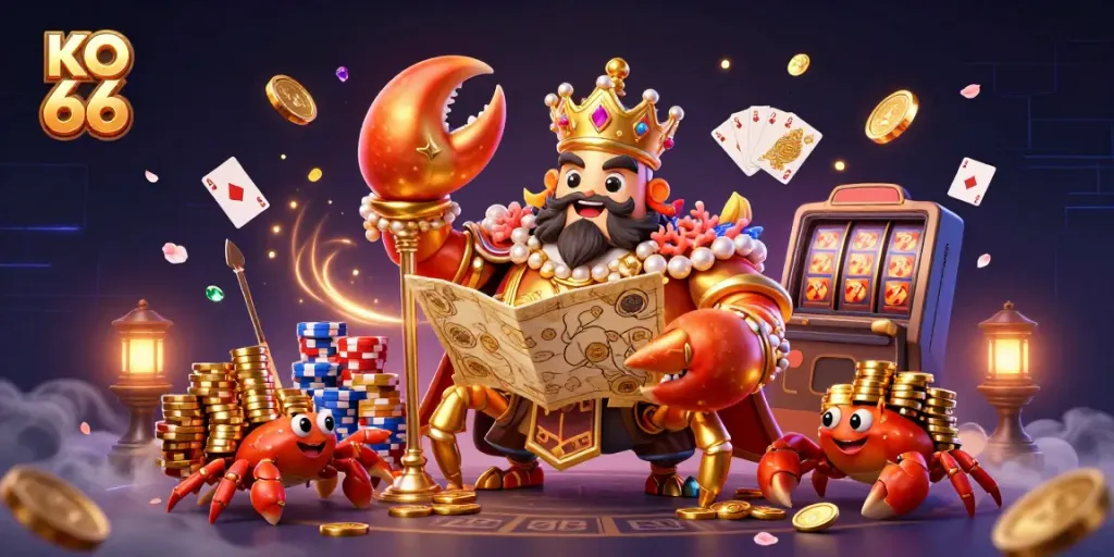 Experience the excitement of KO 66 with a golden crab emperor and treasure-filled casino scene.