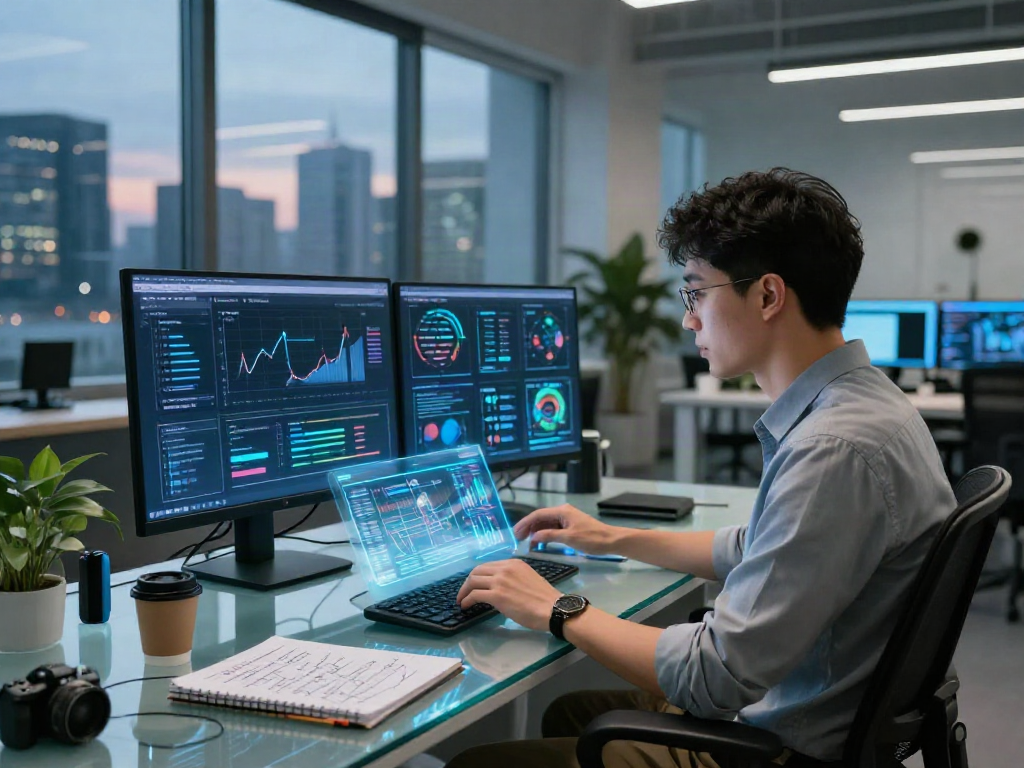 AI Detection analysis in an innovative tech workspace with holographic displays and data metrics.