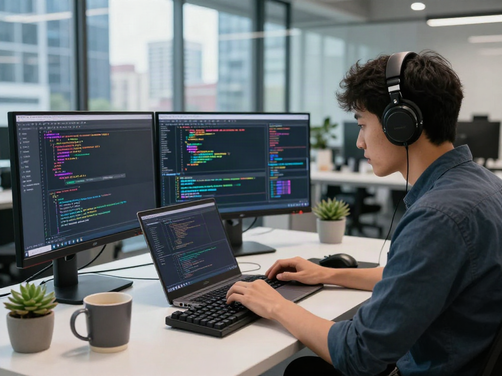Developer coding on laptop surrounded by monitors, showcasing pikashow software environment in a modern office.