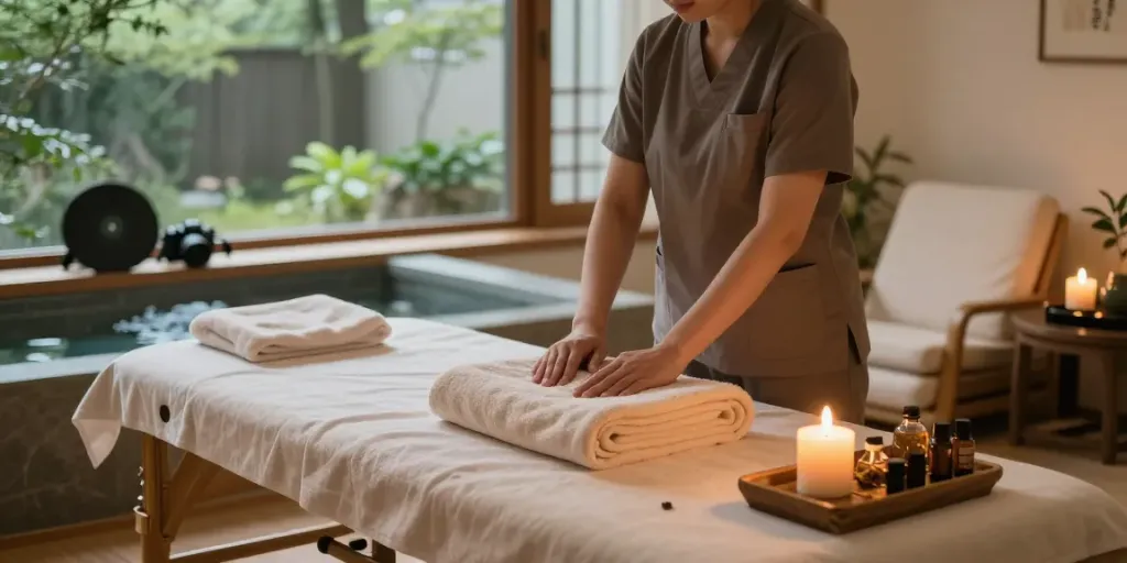 Tranquil wellness spa scene preparing for 용인출장안마 session with candles and essential oils.