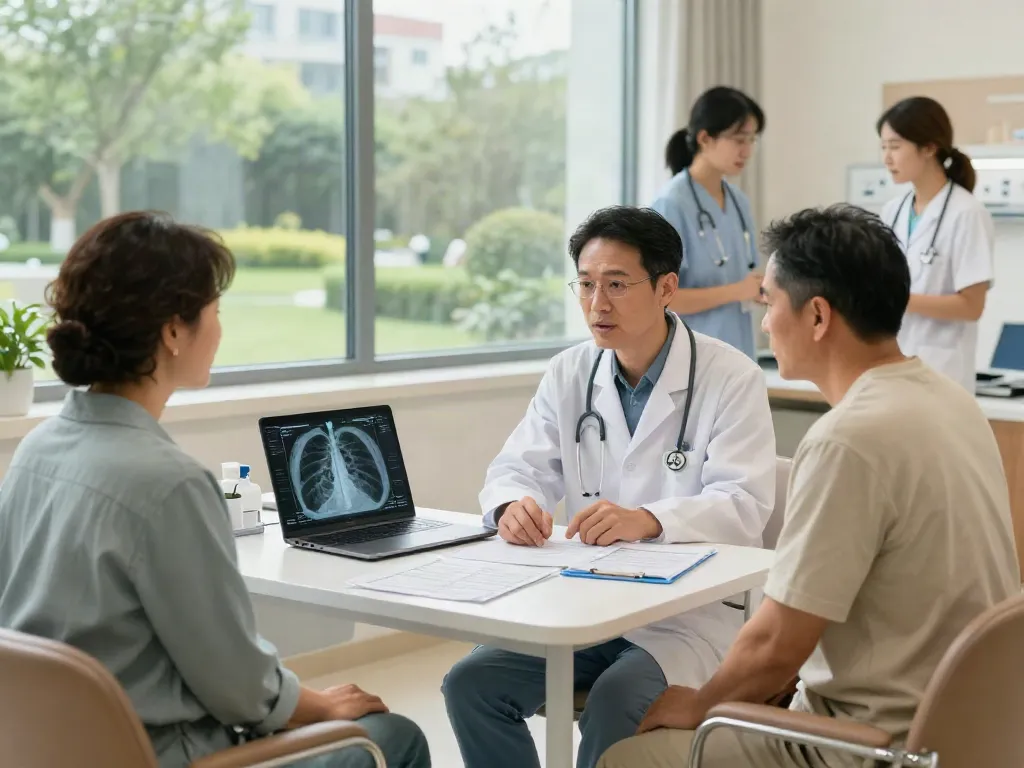 Lung cancer care consultation between a healthcare professional and patient in a bright hospital room, showcasing personalized support.