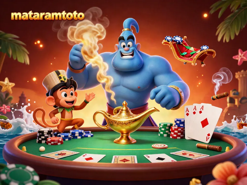 Experience thrilling gameplay with mataramtoto in this vibrant 3D casino illustration featuring iconic gaming elements.