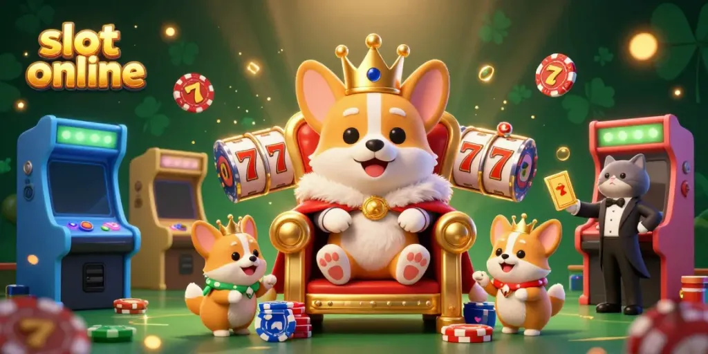 Spin lively slot online games with a royal corgi and vibrant arcade elements in a fun casino scene.
