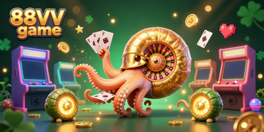Experience immersive gameplay with the 88VV game featuring a giant nautilus holding cards, surrounded by arcade elements.