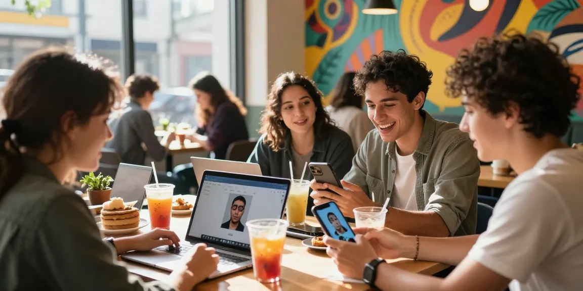 Friends excitedly discovering how old do I look using an AI app at a café.