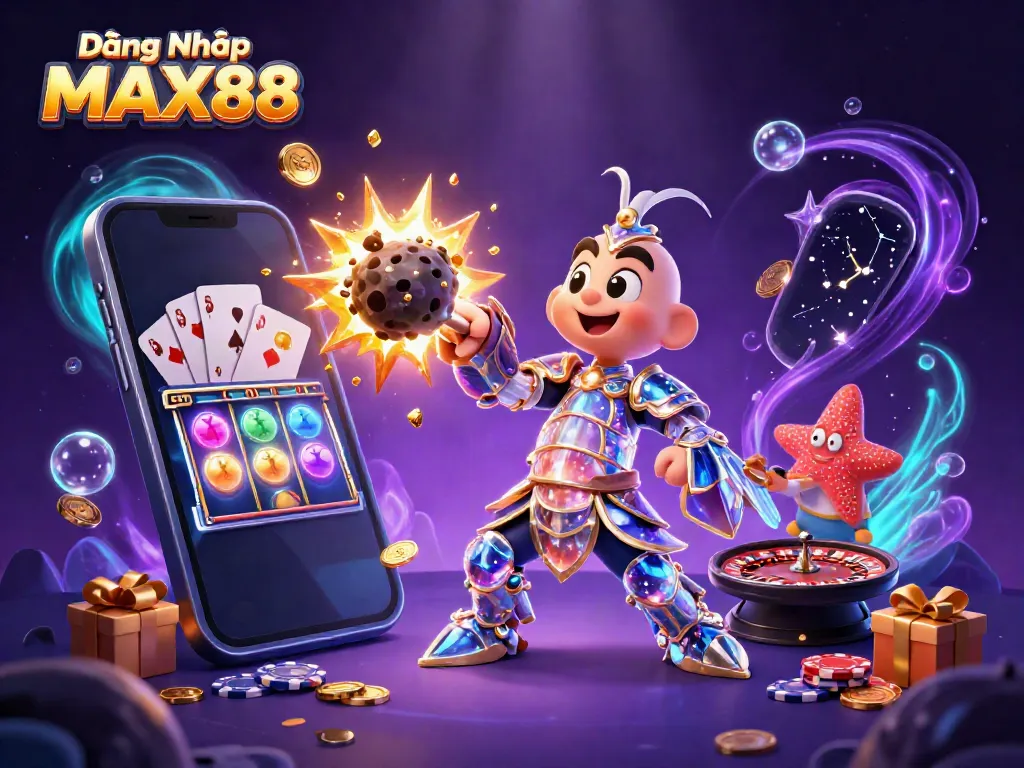 Win big at Đăng Nhập MAX88 with a vibrant underwater casino scene full of colorful slot games, coins, and treasures.