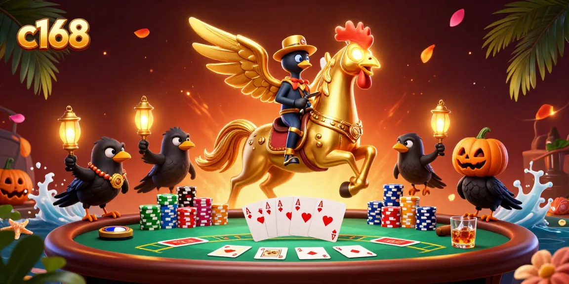 Experience the thrilling adventure of c168 at a midnight casino with a golden rooster riding a spectral horse.