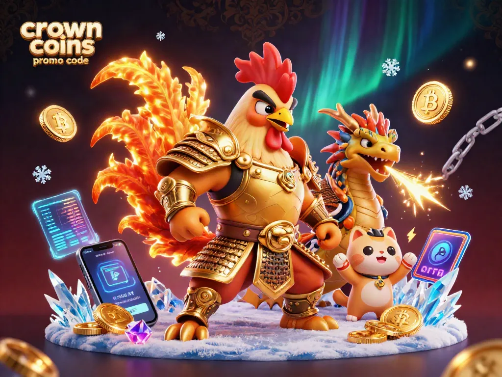 Engage with crown coins promo code in this vibrant casino battle scene featuring a rooster warrior and dragon hatchling.