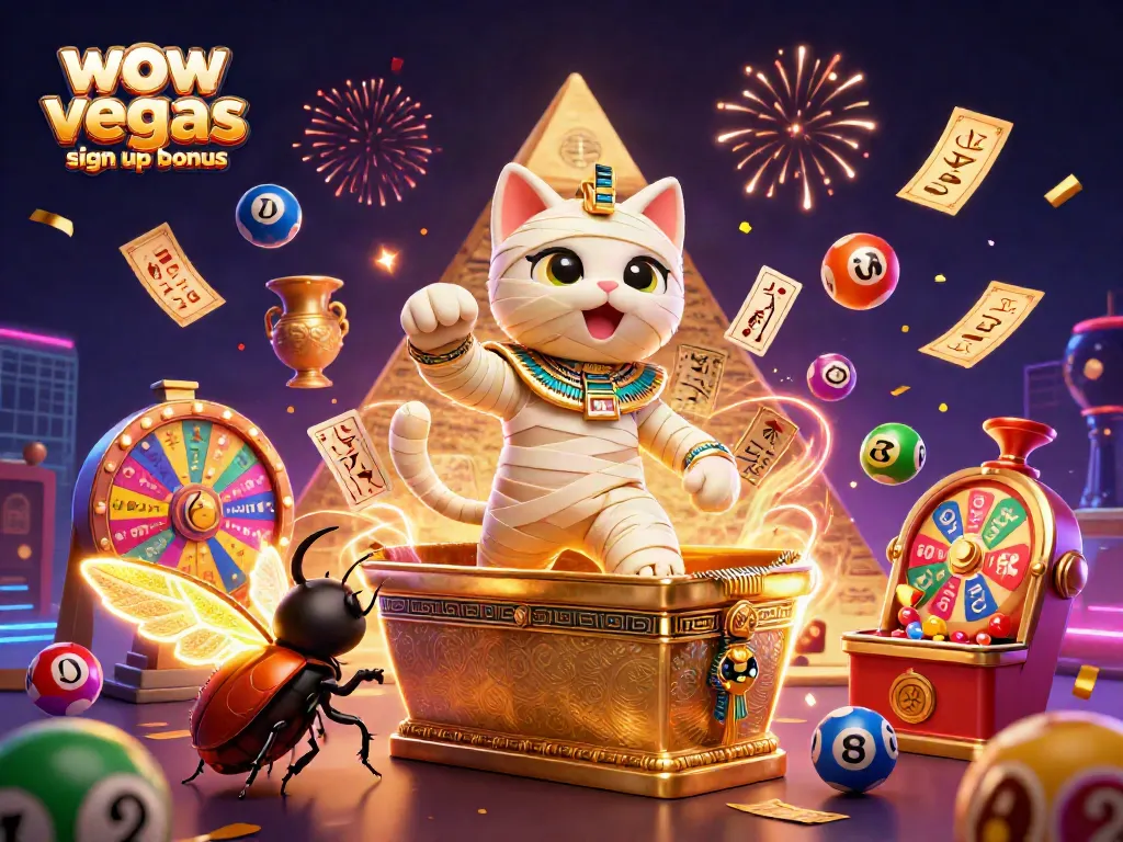 Win amazing offers with the WOW Vegas sign up bonus featuring vibrant casino elements and celebratory details.