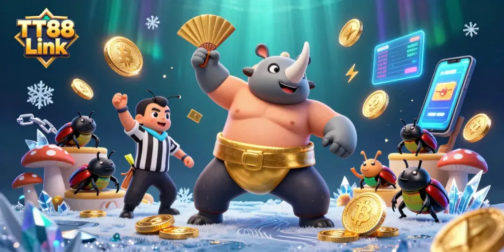 Engage with TT88 Link as a sumo champion beetle triumphs in a vibrant casino scene.