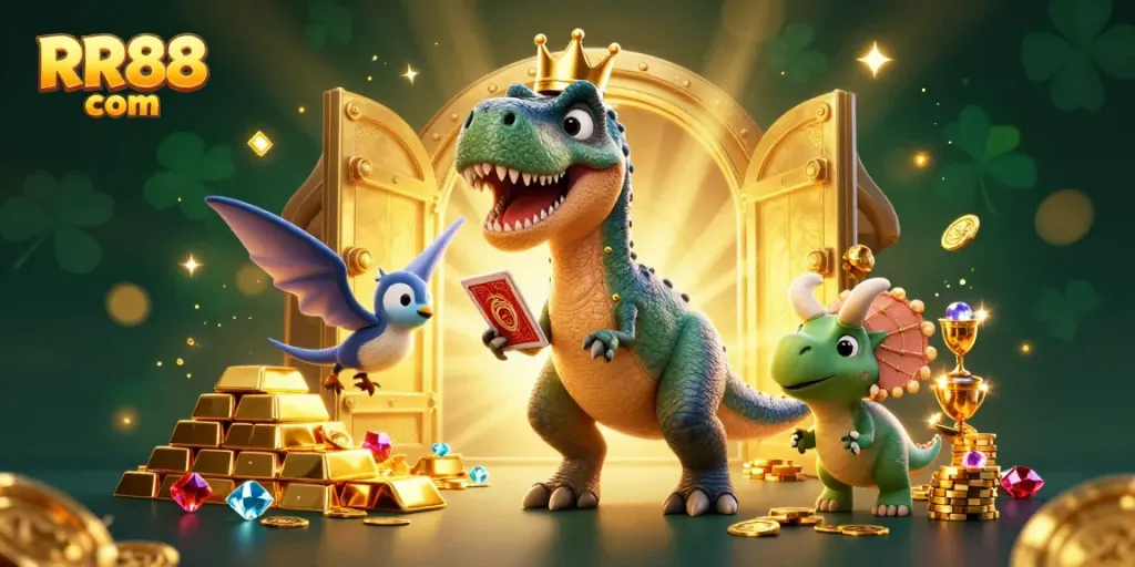 Experience exciting gaming with RR88 com in a vibrant 3D cartoon casino scene filled with treasures.