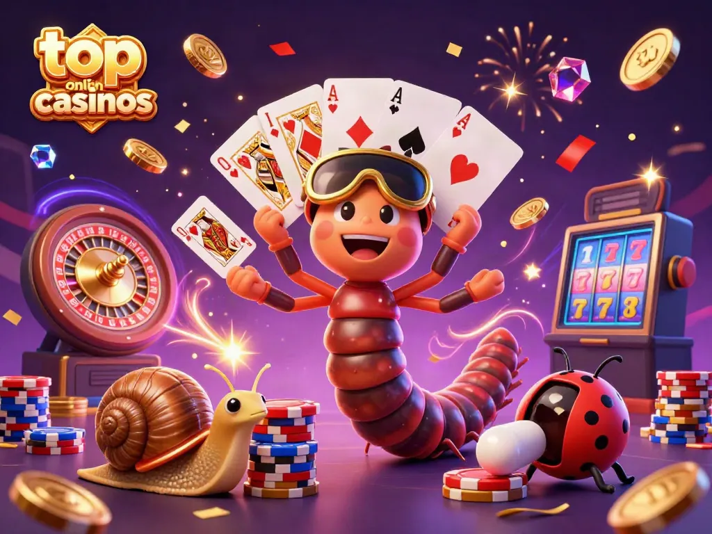Experience top online casinos through a vibrant 3D cartoon scene with a millipede dealer, snail high-roller, and pill bug, surrounded by casino elements.