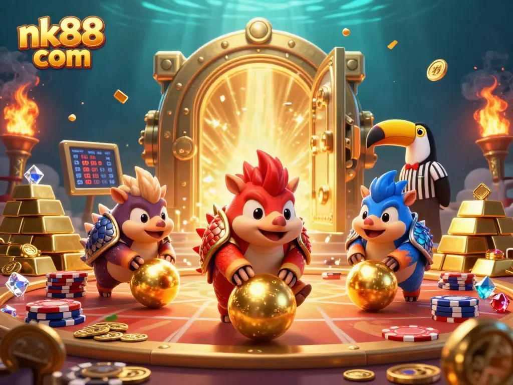 Experience the thrill of nk88 com with rival pangolins rolling poker chips in a vibrant casino setting.