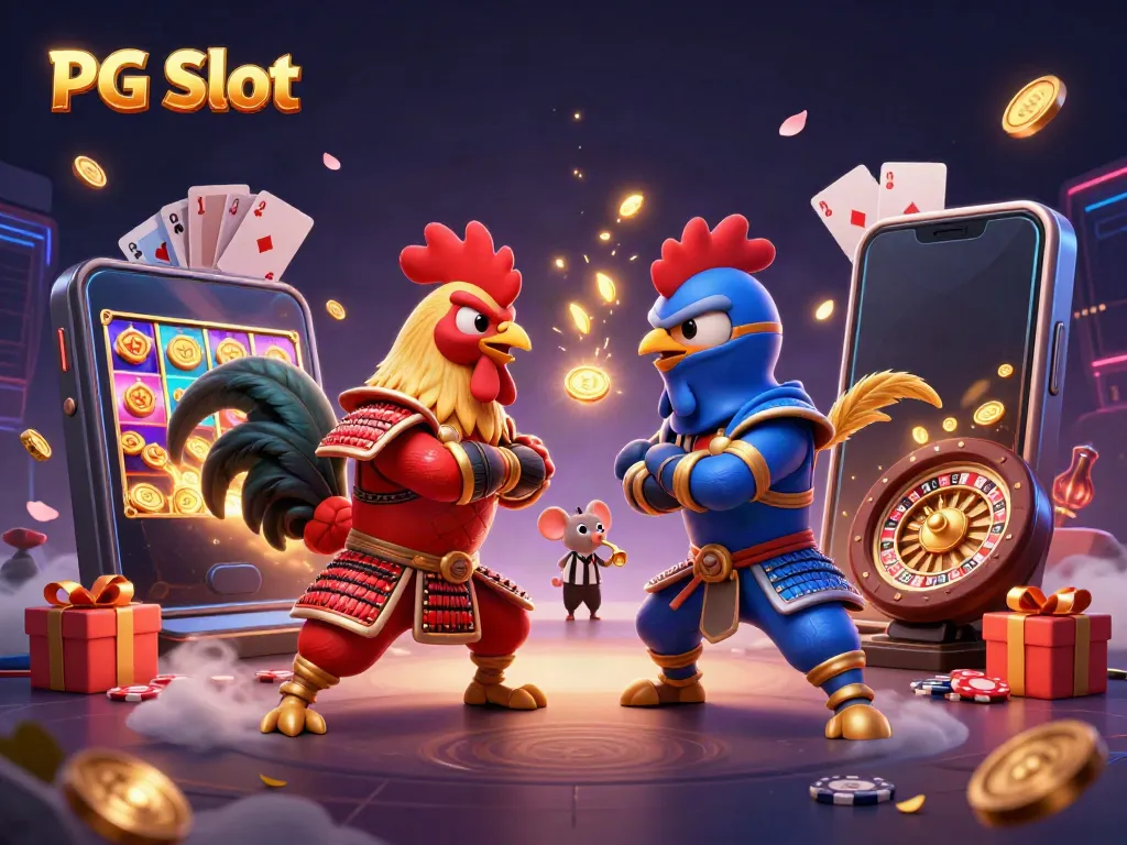 Ayam jantan bertarung simbol PG Slot dalam ilustrasi 3D dengan elemen kasino yang kaya.