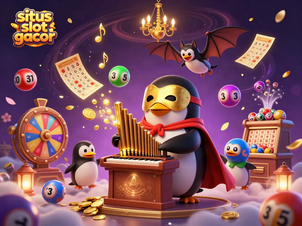 Engage in excitement with situs slot gacor - a vibrant 3D illustration of a penguin organist and lottery elements.