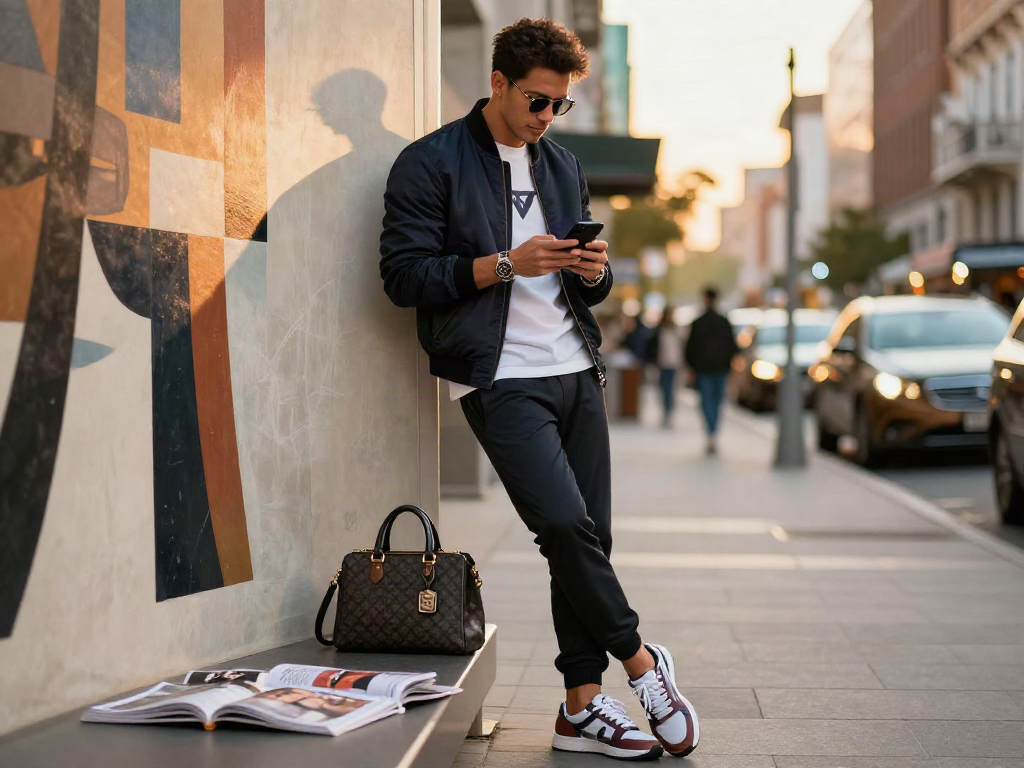Penampilan fashion luxury111 di lingkungan urban mewah saat matahari terbenam, menunjukkan gaya streetwear yang stylish.