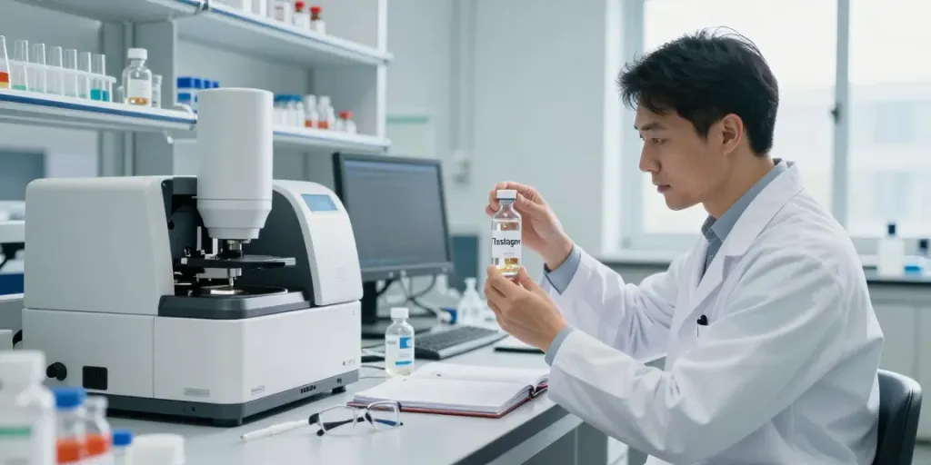 Scientist analyzing Testagen for sale in a modern lab environment with research equipment.