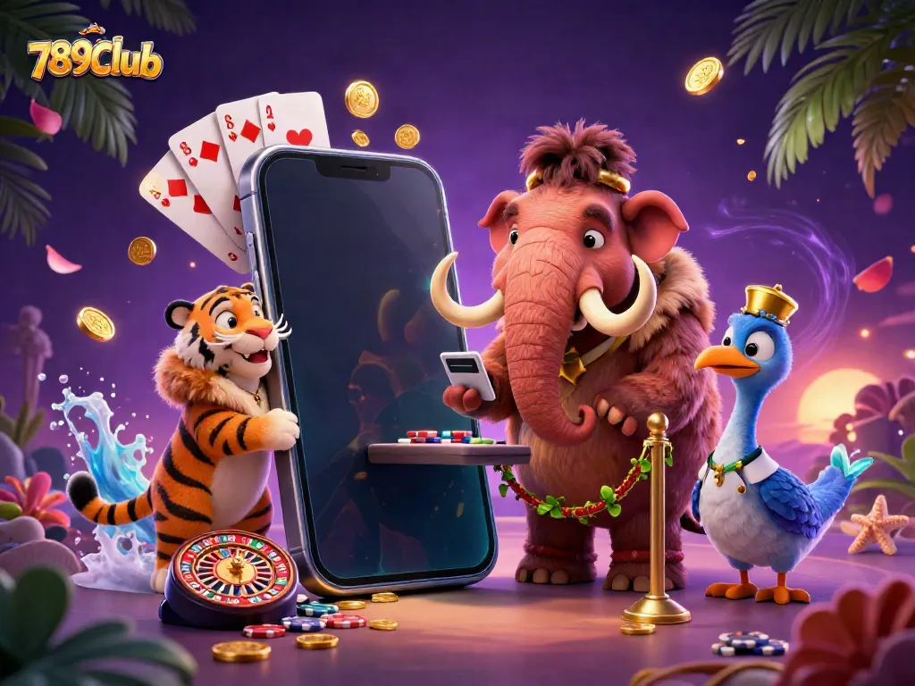 Engage with 789Club's dynamic casino scene featuring a woolly mammoth bouncer and vibrant gaming elements.