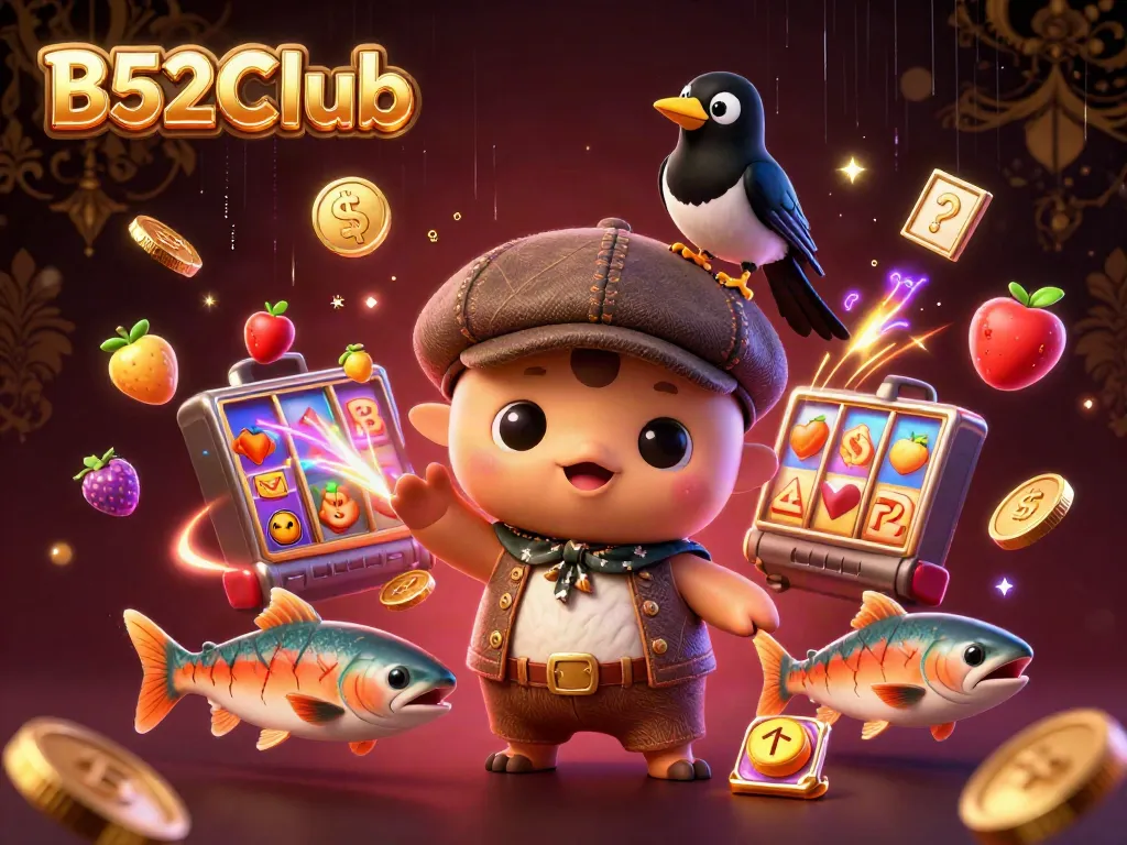 B52Club showcases a charming 3D cartoon Nessie with a gold-loving magpie amidst vibrant slot symbols.