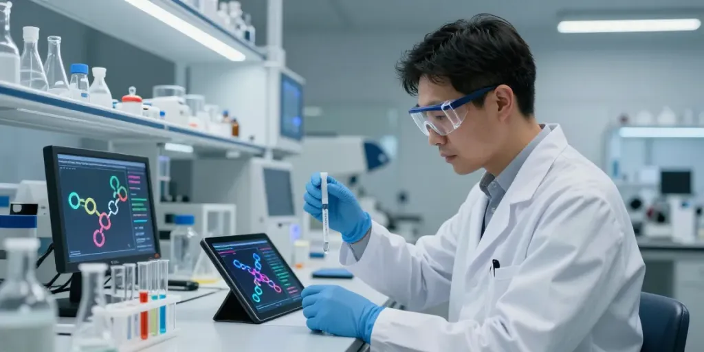 Laboratory scientist analyzing tesamorelin peptide samples in a high-tech research setting.