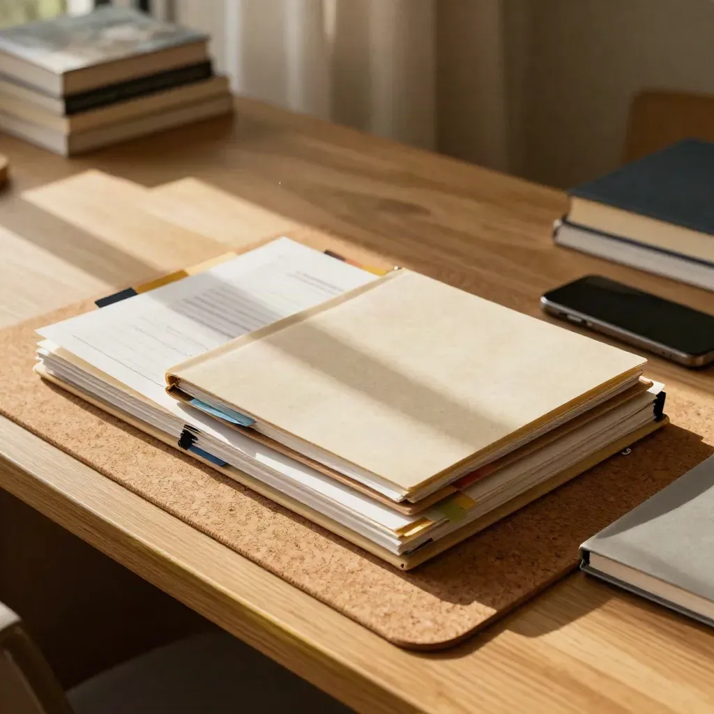 Top-down credit folders, notebook, and phone on a cork mat in warm sunlight.